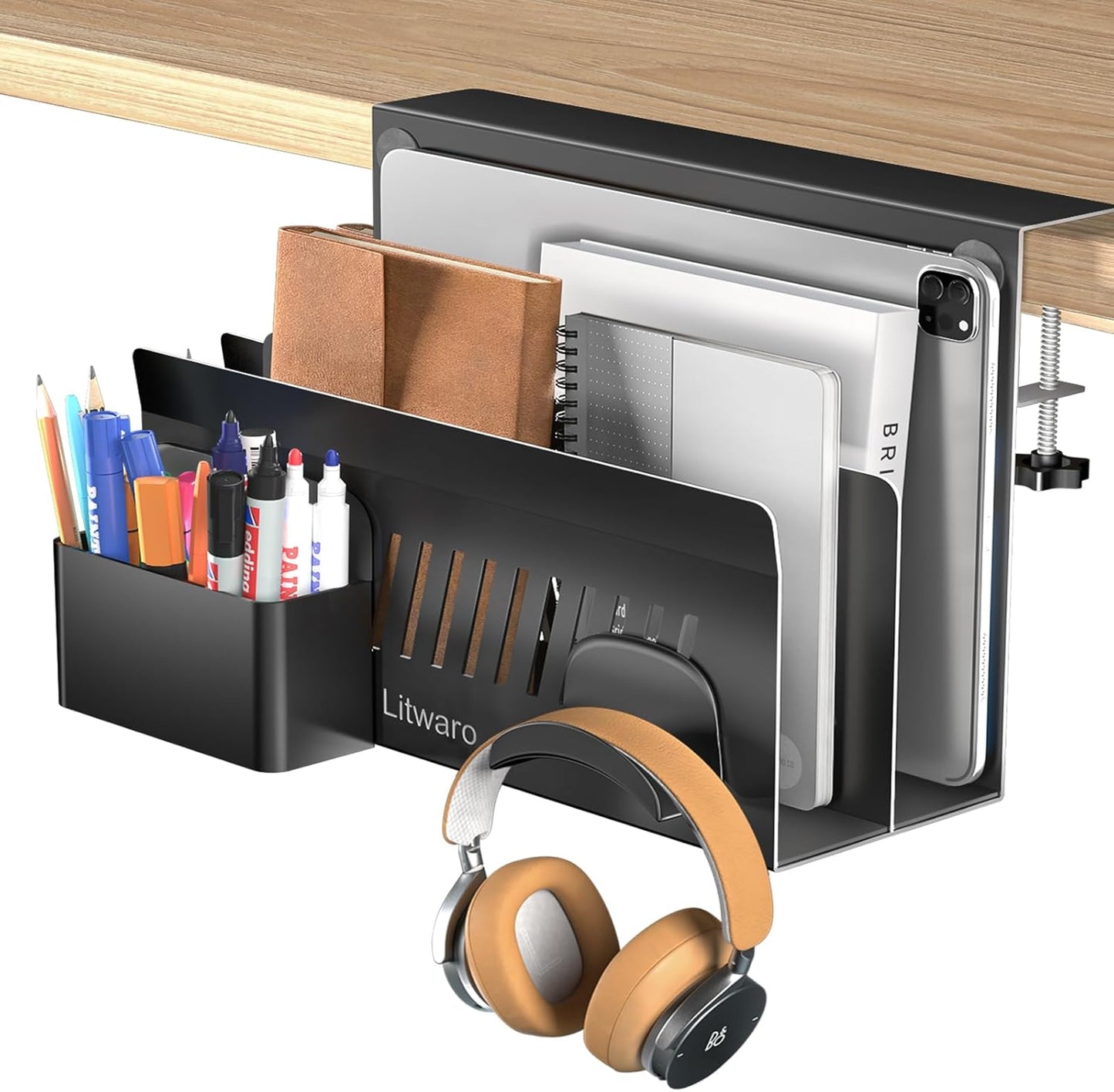 Litwaro Desk Side Storage Organizer, 2 Tier Under Desk Laptop Holder No Drill, Laptop Mount with Magnetic Pen Holder, Hanging Desk Organizer Fits Flat Edge Desks 0.4" to 2.1" (White)