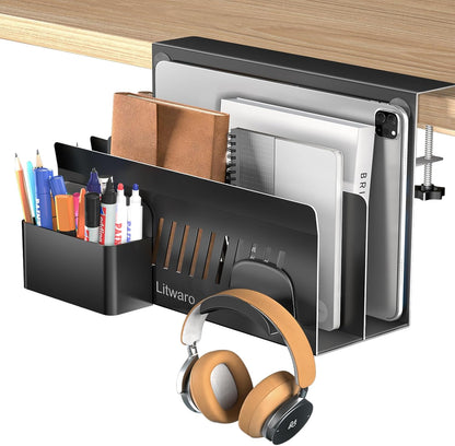 Litwaro Desk Side Storage Organizer, 2 Tier Under Desk Laptop Holder No Drill, Laptop Mount with Magnetic Pen Holder, Hanging Desk Organizer Fits Flat Edge Desks 0.4" to 2.1" (White)