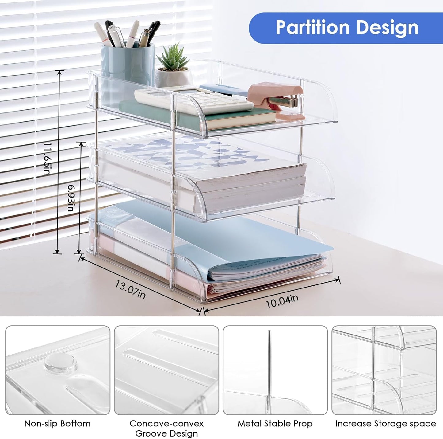 Clear Stackable Paper Trays 4 Pack, PET Letter Tray Desk Organizer, Desktop Organizers and Storage for Books, Magazines, Folders, A4 Size File Paper, Office Supplies