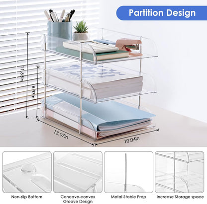 Clear Stackable Paper Trays 4 Pack, PET Letter Tray Desk Organizer, Desktop Organizers and Storage for Books, Magazines, Folders, A4 Size File Paper, Office Supplies