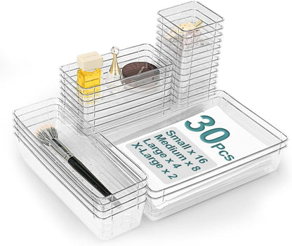 15Pcs Clear Plastic Drawer Organizers Set, 4size makeup drawer organizer trays for vanity/desk/bathroom/office/nightstand/gadgets for kitchen/desk drawer, Versatile drawer divider storage bins