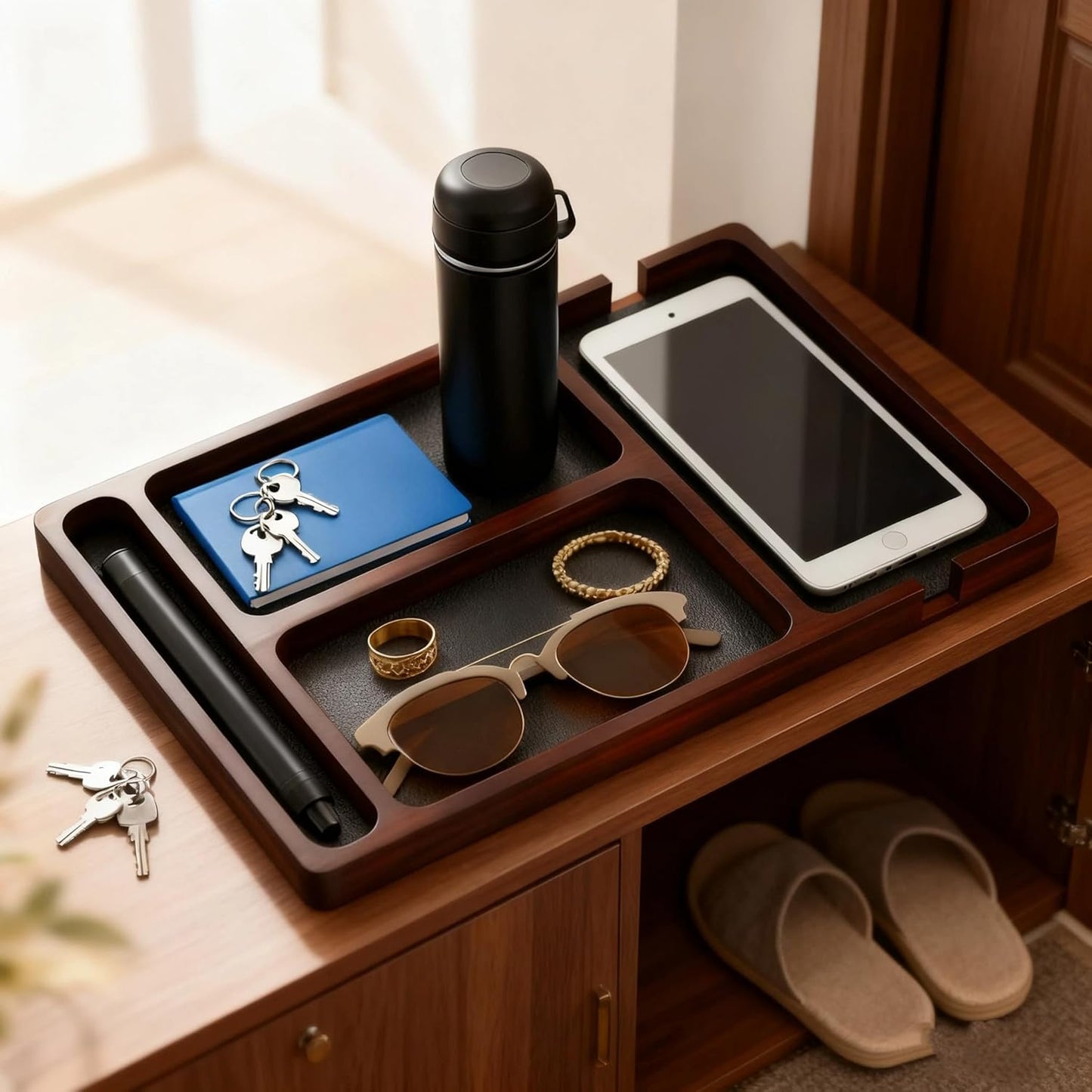 Wooden Valet Tray with Leather Inlay - Key and Wallet Tray, Wooden Jewelry Tray - Nightstand Desk Organizer for EDC Essentials (Keys, Phone, Wallet, Watch, Earbuds) (wood)
