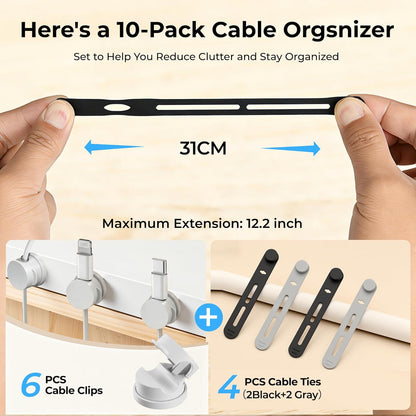 360° Rotatable Cord Organizer Set, 10 Pack Cable Holders & Silicone Cable Straps, Adhesive Wire Fixer for Desk Phone Charger, Nightstand Cable Management for Home Travel Office Accessories Black