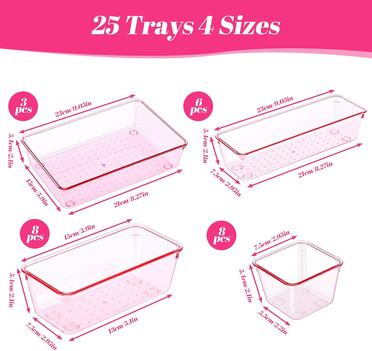 25pcs Pink Plastic Drawer Organizer Set, Clear Stackable Drawer Organizer,Kitchen Drawers Dividers for Bathroom, Office, Kitchen Cabinets and Dressing Tables