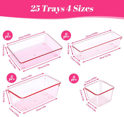 25pcs Pink Plastic Drawer Organizer Set, Clear Stackable Drawer Organizer,Kitchen Drawers Dividers for Bathroom, Office, Kitchen Cabinets and Dressing Tables