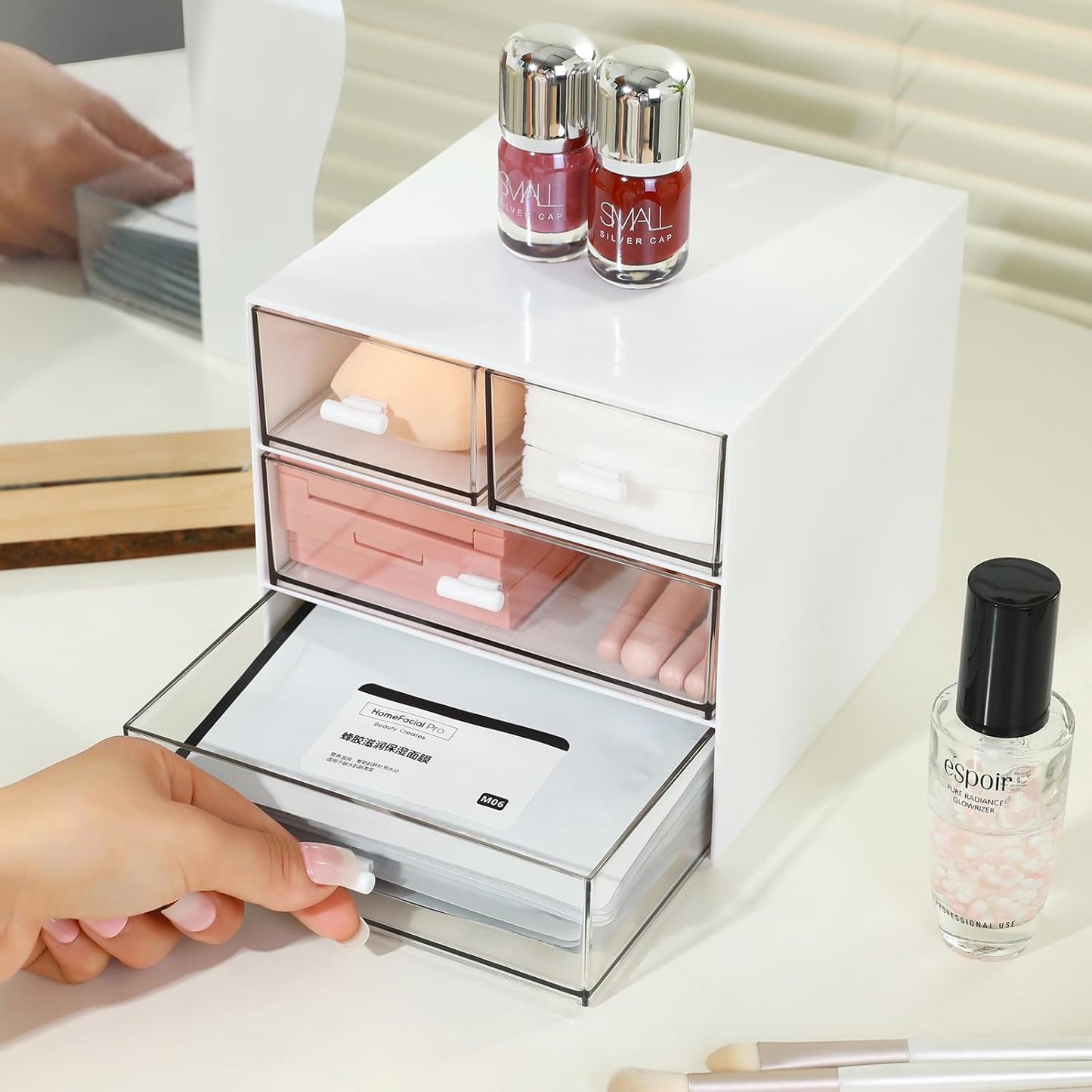 MILULUGO Makeup Organizer with 4 Drawers, Desk Organizer, Cosmetics Storage Box for nail polish, Lipstick, Brushes, Jewelry, Skincare, Bathroom Organization Boxes - White