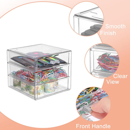 BTSKY Clear Acrylic Storage Organizer with Drawers, 3-Layer Desktop Organizer for Office Essentials, Multi-Purpose Stackable Container for Bathroom Vanity, Desk Makeup Jewelry Container Storage Box