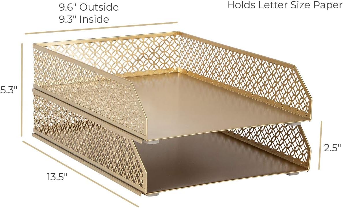 BLU MONACO | Paper Tray Stackable Gold Set of 2 | Stackable File Trays for Desk Organization | Tiered Desk Organizer with Metal Letter Trays