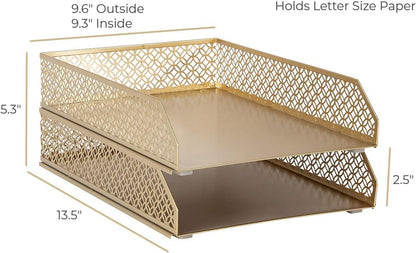 BLU MONACO | Paper Tray Stackable Gold Set of 2 | Stackable File Trays for Desk Organization | Tiered Desk Organizer with Metal Letter Trays