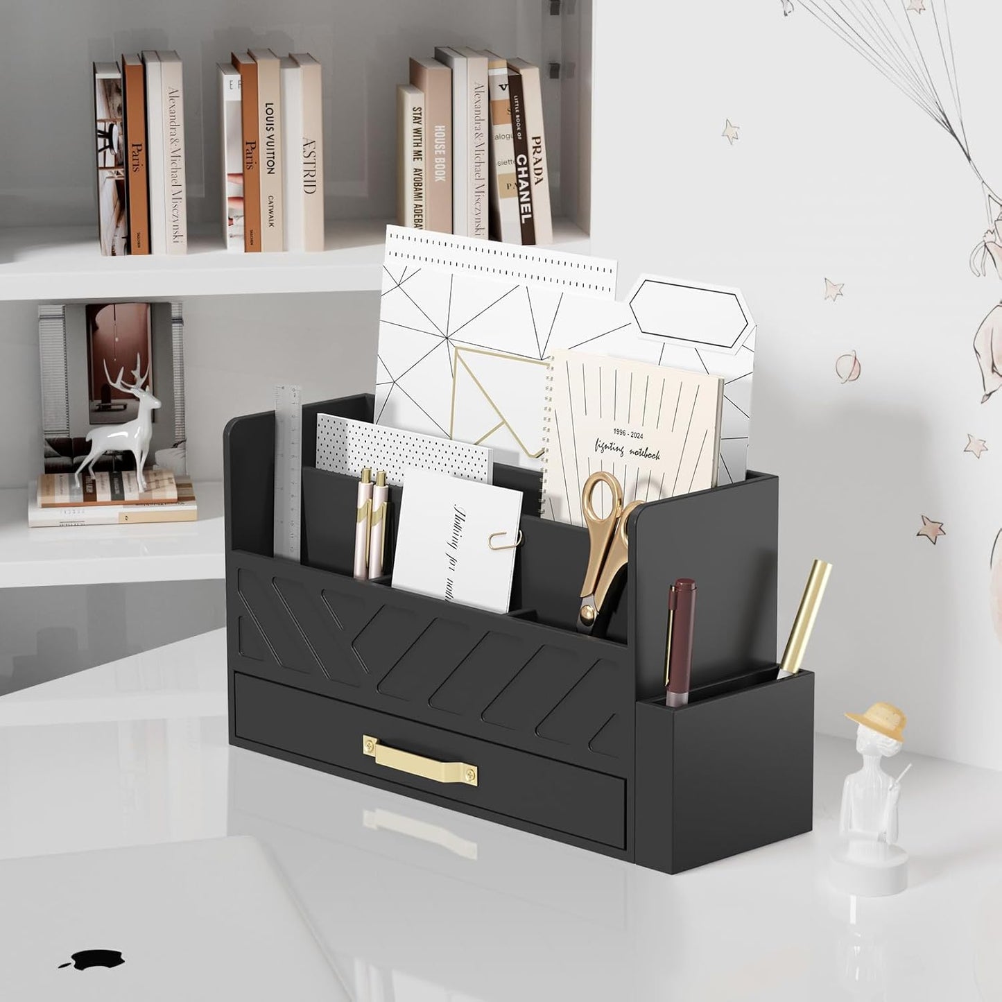 WISUCART Bamboo Desk Organizer Mail Holder Countertop Wood Desk Drawer Tabletop Storage Box Pen Holder Letter Sorter Makeup Organizer for School Home Office Supplies with Pen Holder White