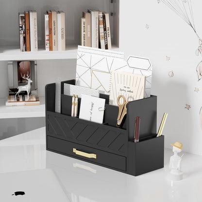 WISUCART Bamboo Desk Organizer Mail Holder Countertop Wood Desk Drawer Tabletop Storage Box Pen Holder Letter Sorter Makeup Organizer for School Home Office Supplies with Pen Holder White