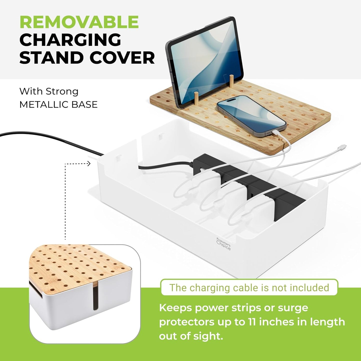 Prosumer's Choice Wooden Charging Station Organizer - 5-Port Base for Phones, Tablets and Laptops - Multi-Device Docking Station with Removable Divider Slots - Cord Box with Cable Management - Bamboo