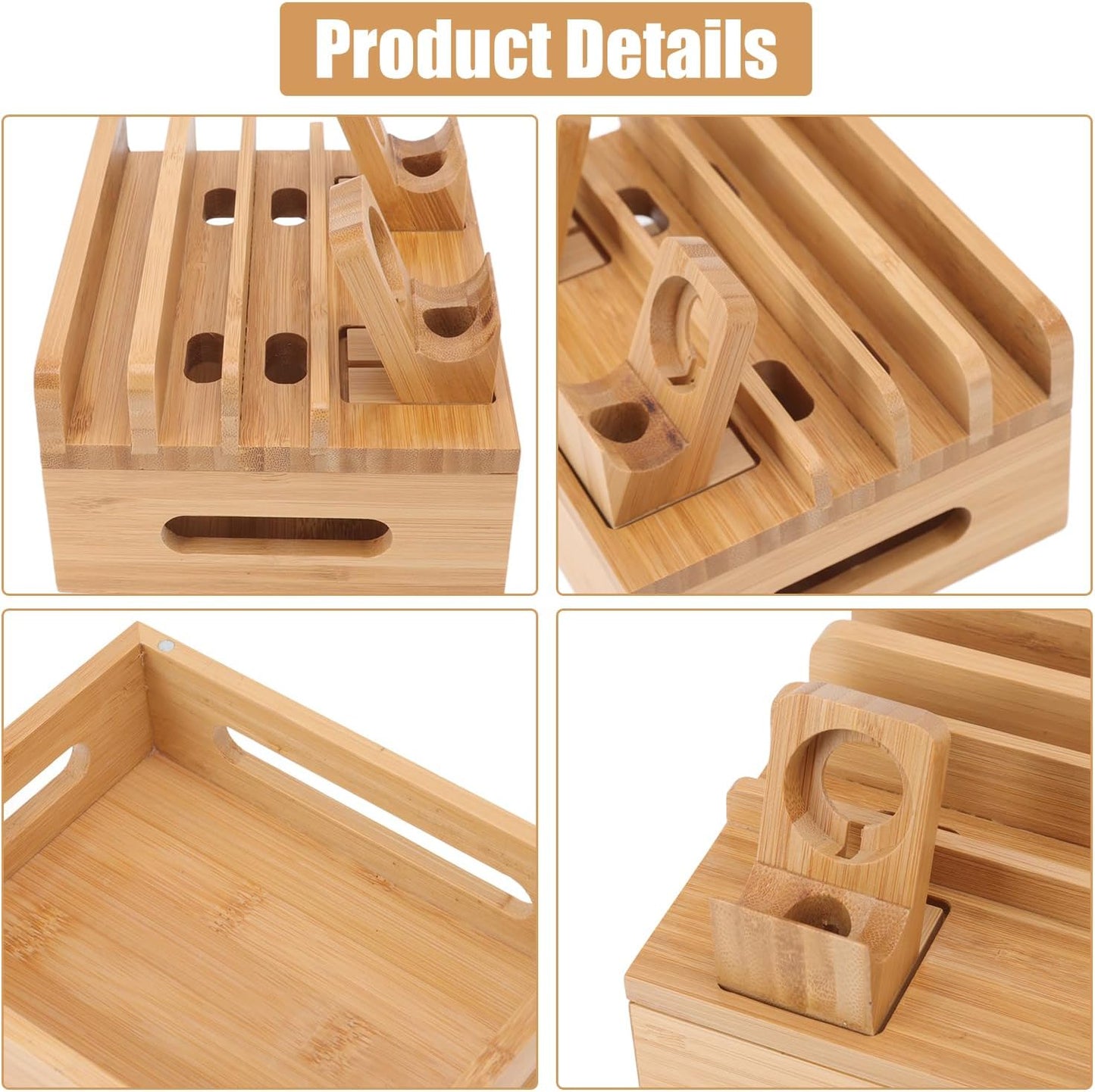 Wooden Charging Station for Multiple Devices - 5 Port USB Desktop Organizer with Watch Holder, Compatible with Phones Tablets Electronics (Black, 11.3x13x17cm/4.4x5.1x6.7in)