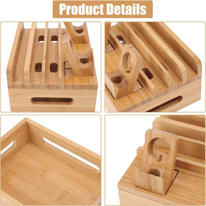 Wooden Charging Station for Multiple Devices - 5 Port USB Desktop Organizer with Watch Holder, Compatible with Phones Tablets Electronics (Black, 11.3x13x17cm/4.4x5.1x6.7in)