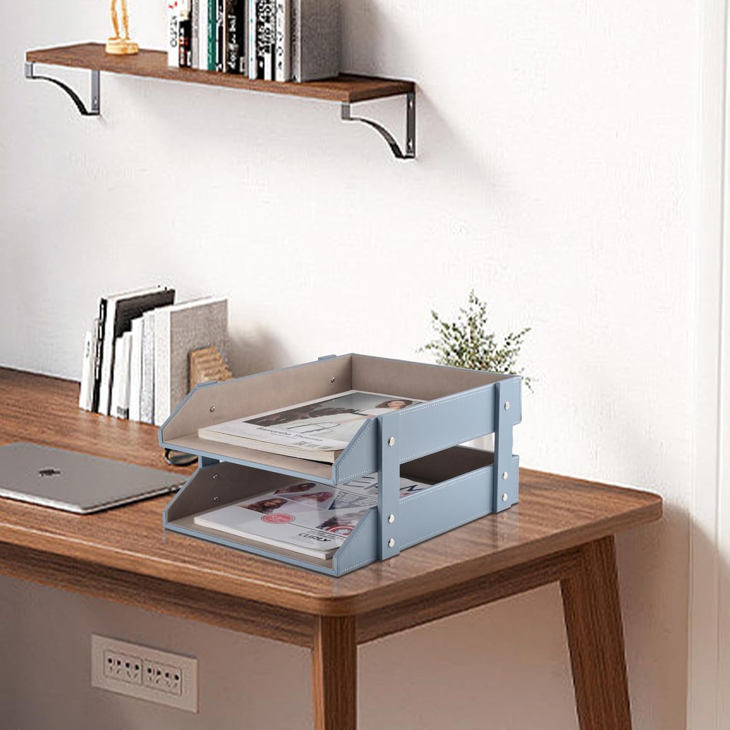 Leather Desk Organizer,2-Tier Stackable Letter Tray Holder,Office Supplies Desktop Storage Box for Document,Stationery,Magazines,Newspapers,Letters and Other Home Office Paper Sundries,Black