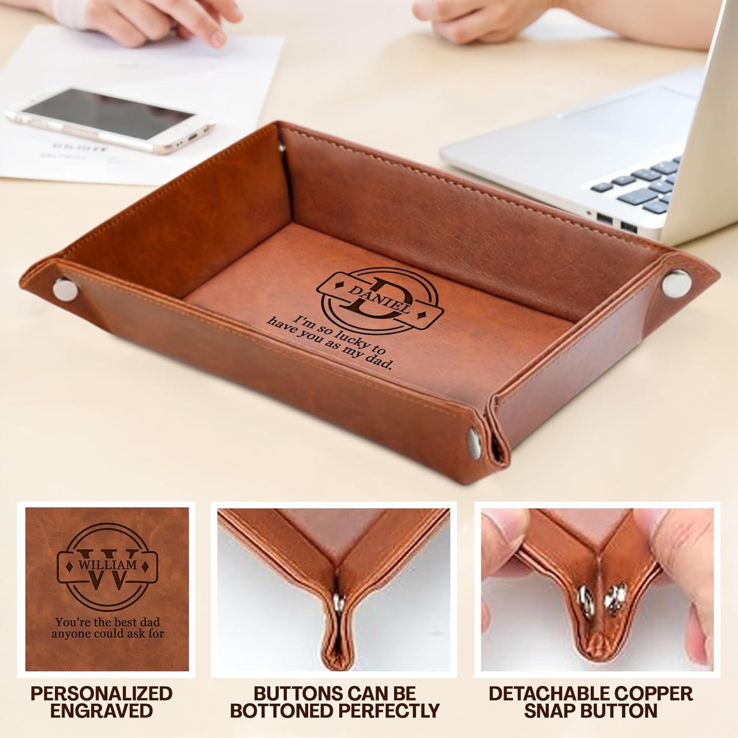 Personalized Engraved Leather Tray for Men with Engraved Name, PU Leather Valet Organizer for Dad, Custom Gift for Him, Custom Catchall Tray for Desk, Office, Accessories Travel Organizer for Men