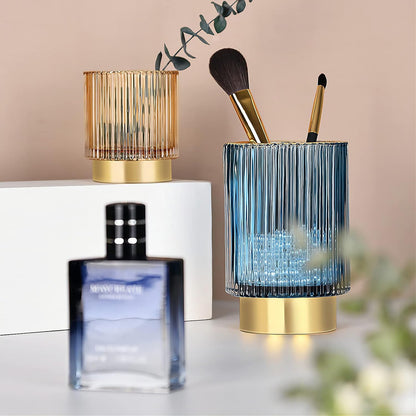 DASITON Makeup Brush holder Organizer,Crystal Cosmetic Makeup Brush Glass Brushes Storage Holder, Vintage Make Up Brush Cup Pen Pencil Holder striped vase(Coffee S)