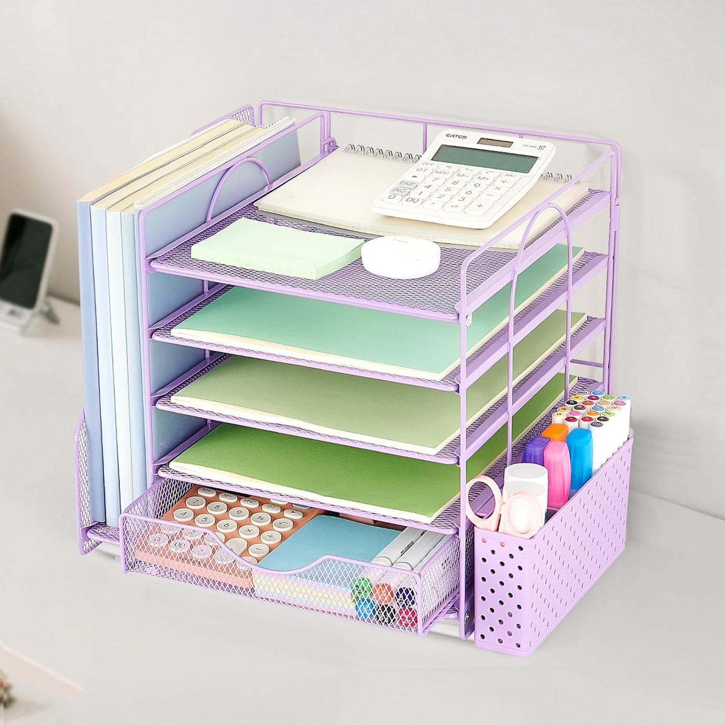 Desk Organizer with Drawer and Pen Holder, 5-Tier Paper Letter Tray Organizer with File Holder, Suitable for Workspace Organizer Office Supplies Storage (Black)