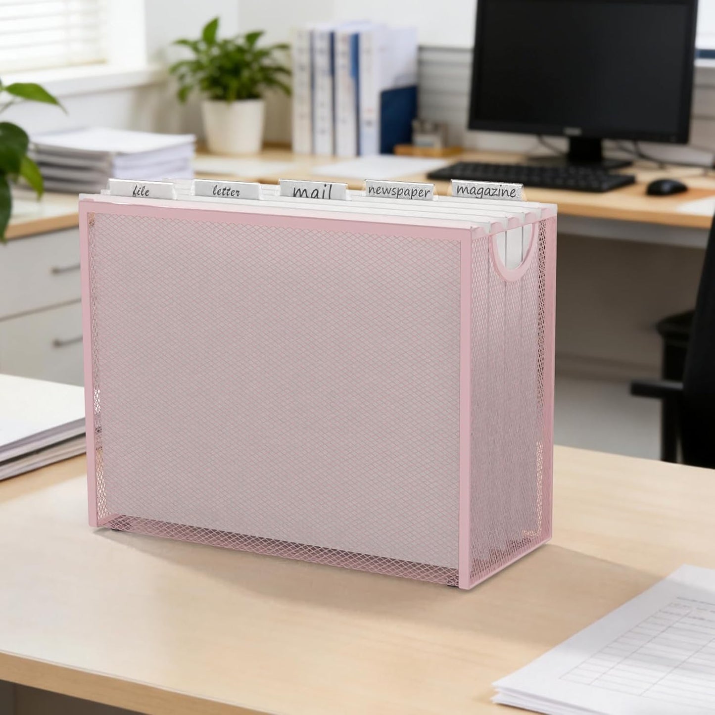 Sinboun Hanging File Organizer Letter-Size File Holder Filing Box Includes 5 Hanging Folders - Metal Mesh Magazine Letter Storage Cabinets File Cart for Office Home School, No Assembly Required