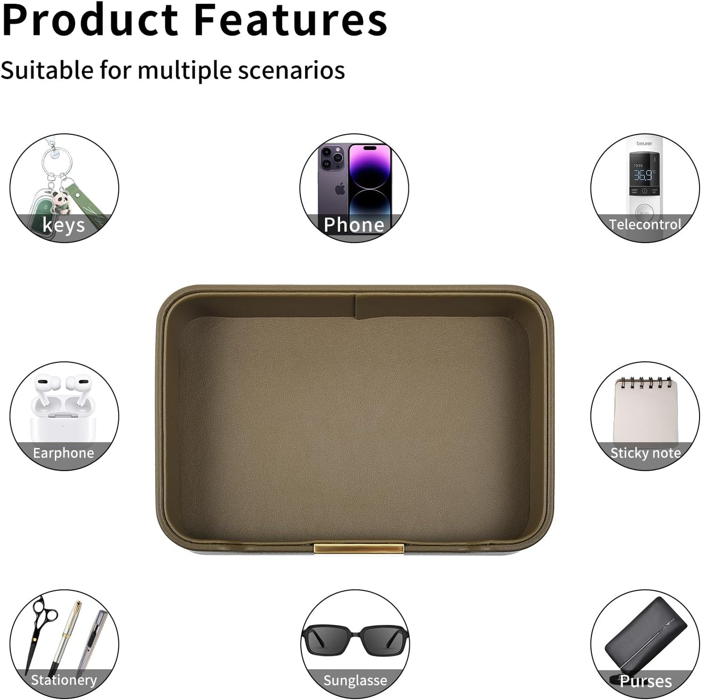 Luxury Leather Valet Tray Desktop Storage Organizer,Bedside Vanity Catchall Tray Nightstand Caddy Holder for Cosmetic,Jewelry,Watch,Keys,Phone,Wallet,Remote Controller,Pen,Black