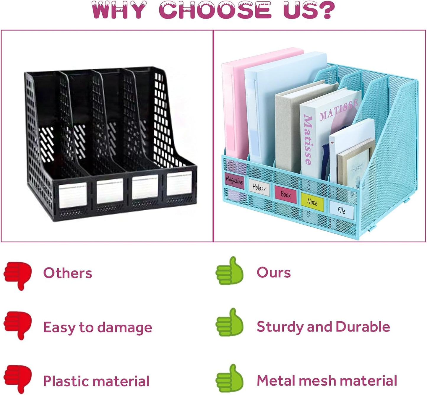 Desk Organizers, Metal Magazine File Holder with 5 Vertical Compartments Rack Binder File Organizer for Office Supplies, Home Workspace - Black