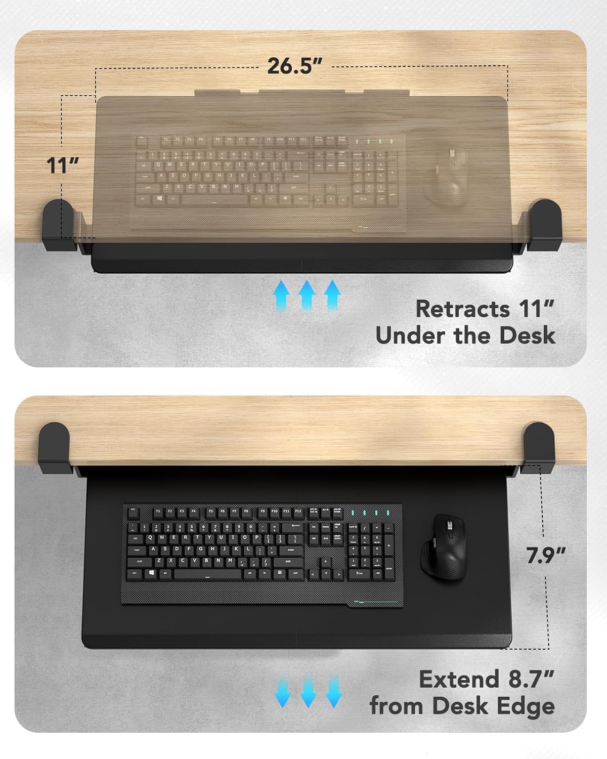 HUANUO Keyboard Tray Under Desk, Keyboard Holder with C-Clamp Hardware, 26.5″ W x 11.8″ D Slide Out Computer Keyboard & Mouse Tray for Home Office, Black, HNKB12B, Large