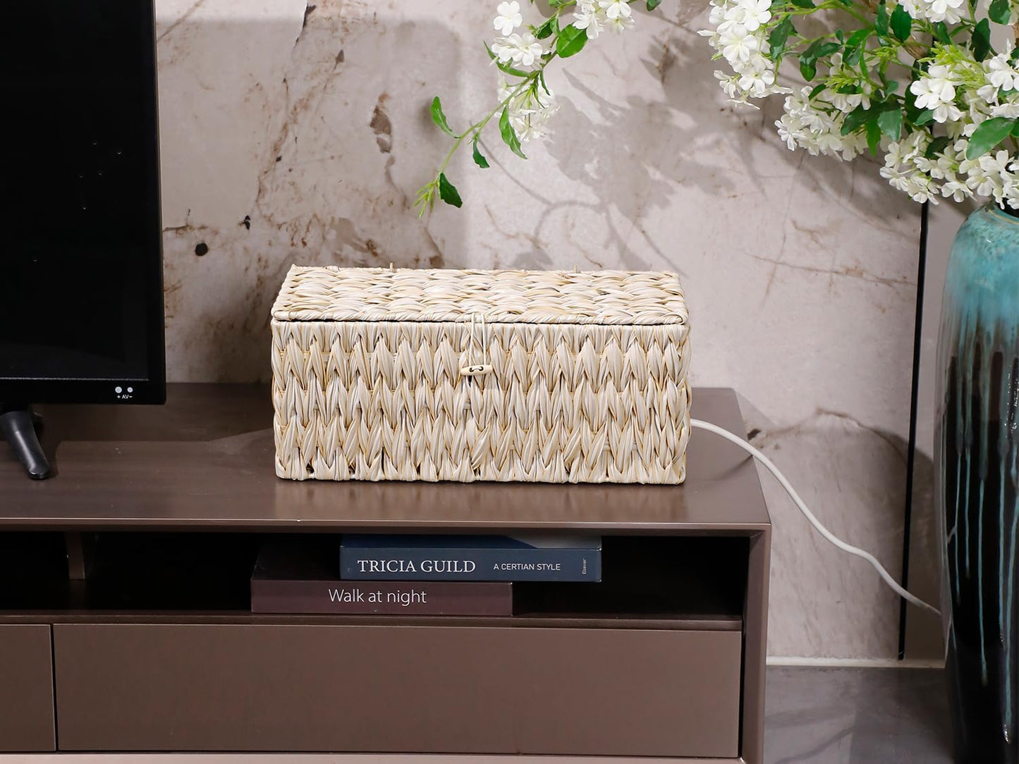 Coeusy Cable Management Box,Boho Decorative Handwoven 2 Open Slots Cord Organizer Hider Box with Lid for TV Wires, Computer, Router, USB Hub and Under Desk Power Strip