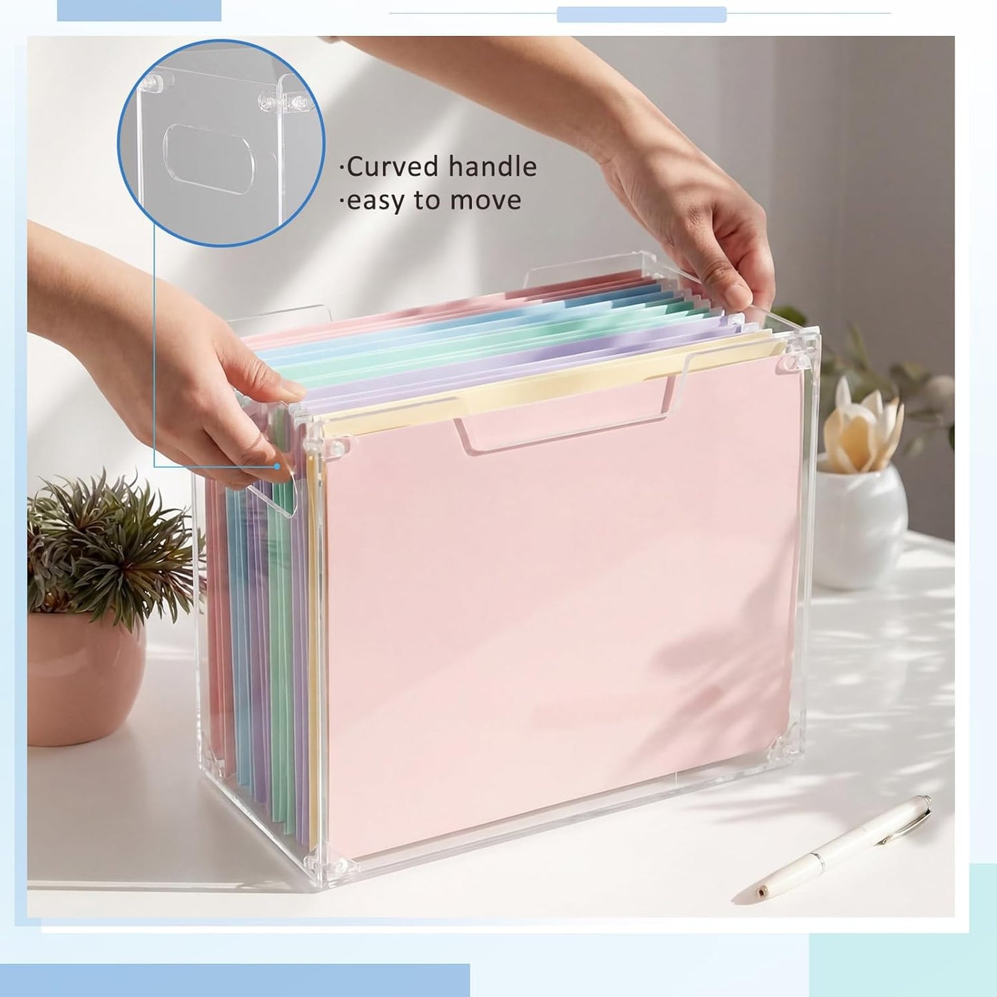 Novabright 1 Pack Acrylic File Organizer Box with Handles, Clear Hanging File Organizer for Letter Size/a4 Filing Crate Bin Holder for Desk, Office, Home, School