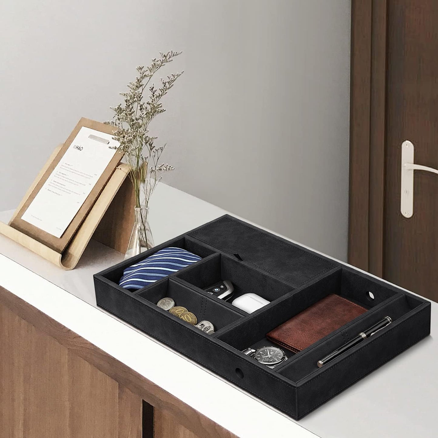 SITHON Valet Tray Desktop Organizer - 8 Compartments Catchall EDC Tray PU Leather Bedside Vanity Nightstand Caddy Coin Box Key Jewelry Storage Organizer, Black