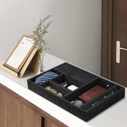 SITHON Valet Tray Desktop Organizer - 8 Compartments Catchall EDC Tray PU Leather Bedside Vanity Nightstand Caddy Coin Box Key Jewelry Storage Organizer, Black