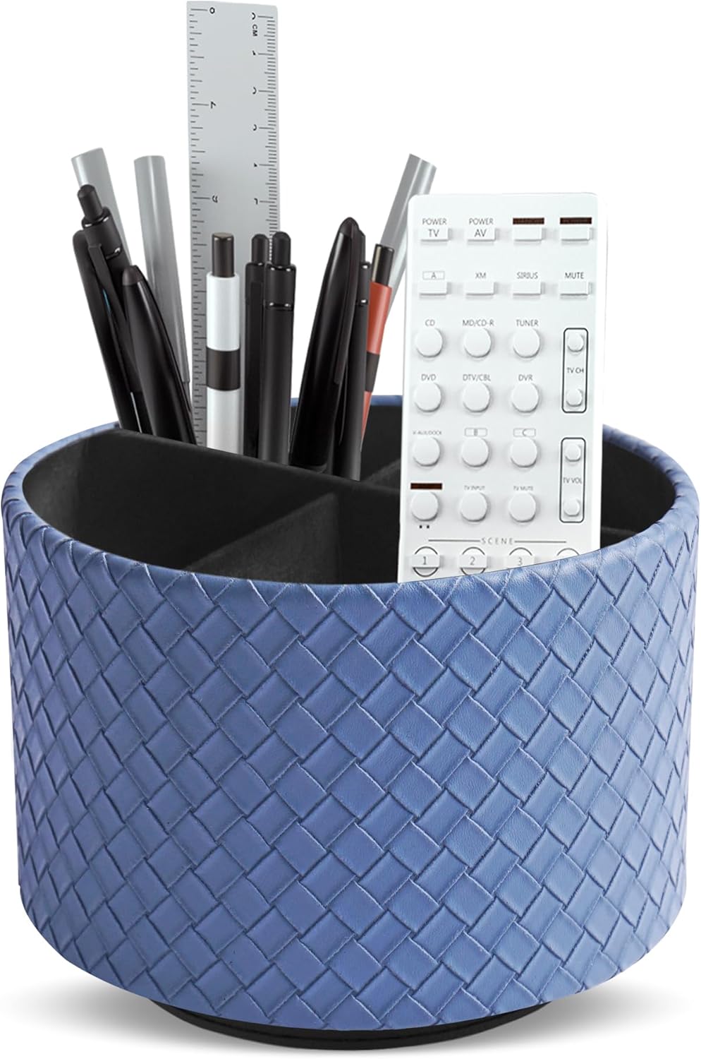 Hennaja Round Leather Art Supply Organizer,Remote Control Holder,360 Degree Rotating,Multi-Functional Pencil Holder,4 Compartments Desktop Stationary Organizer(1-Blue Bird) - Colors C