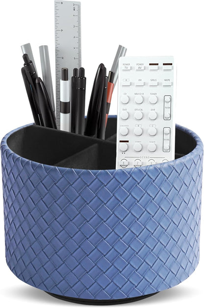 Hennaja Round Leather Art Supply Organizer,Remote Control Holder,360 Degree Rotating,Multi-Functional Pencil Holder,4 Compartments Desktop Stationary Organizer(1-Blue Bird) - Colors C