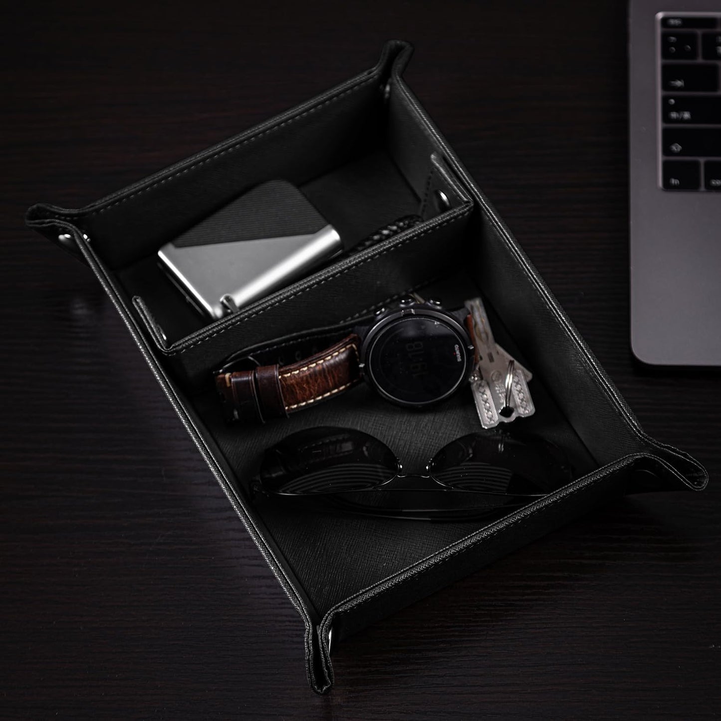 BONNY DODO Valet Tray for Men PU Leather Tray Organizer with Partition, Storage Keys, Watch & Practical Storage for Table Nightstand Living Room Bedroom (Dark Brown-Square)