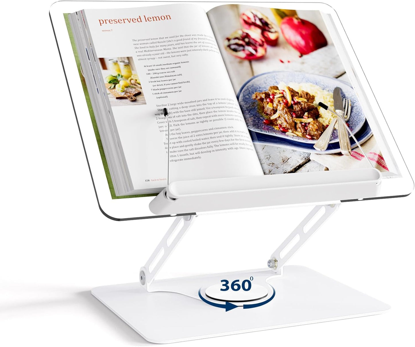 HAUTOCO Adjustable Acrylic Book Stand for Reading, 360° Rotating Base, Foldable Desktop Book Holder with Elastic Page Clips, Hands-Free Cookbook Stand for Laptop, Tablet, Recipe, Textbook, Music Score