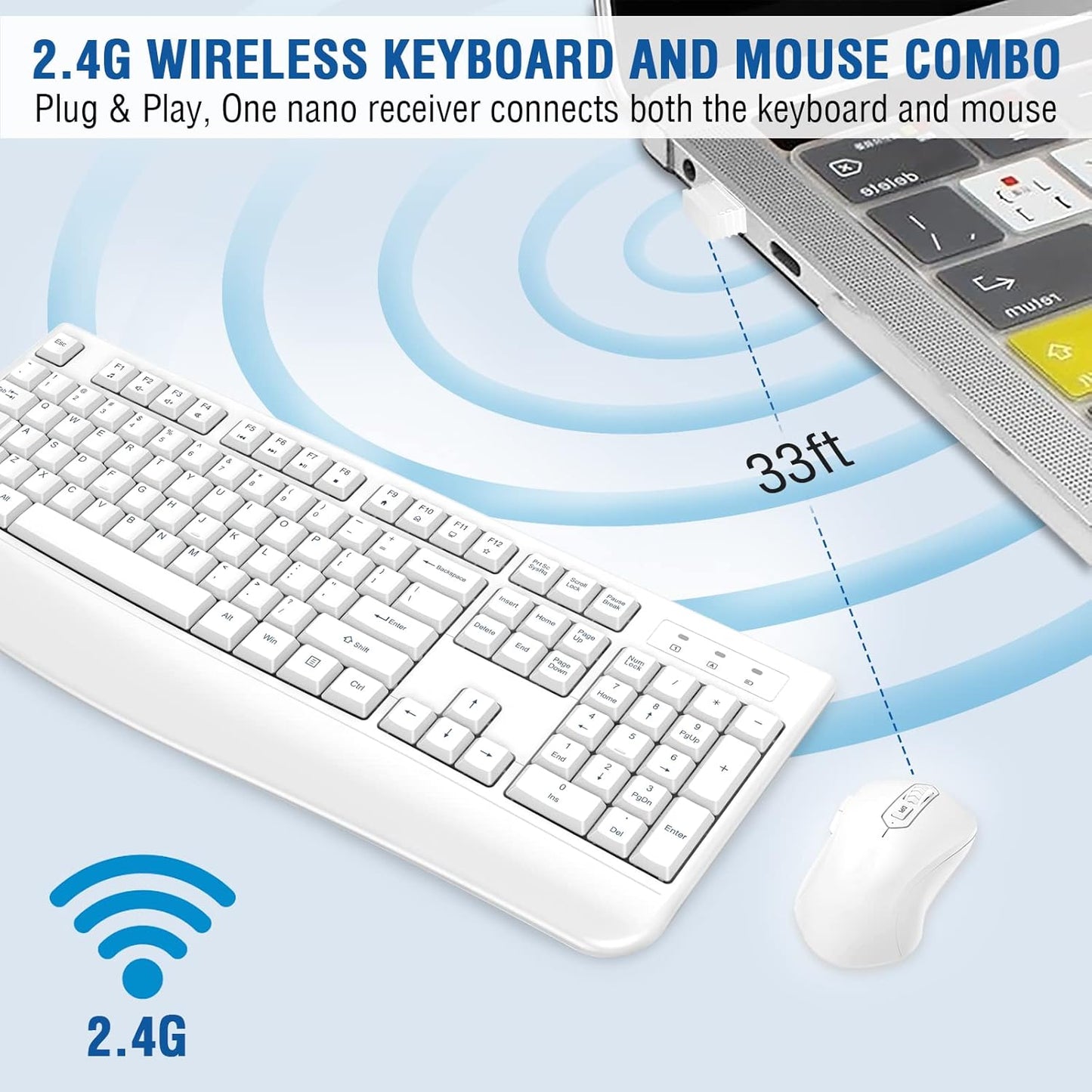 Wireless Keyboard and Mouse Combo, EDJO 2.4G Full-Sized Ergonomic Computer Keyboard with Wrist Rest and 3 Level DPI Adjustable Wireless Mouse for Windows, Mac OS Desktop/Laptop/PC