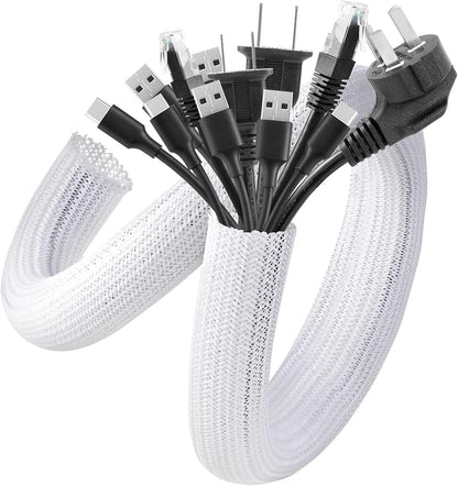 AGPTEK White Cable Sleeve, 2 Pack 5ft - 1.2 Inch Cable Management, Desk Cord Cover Organizer Wire Hider for Computer TV Wire Loom Tubing, Pet Proof Cord Protector from Cat Dog Chewing, White