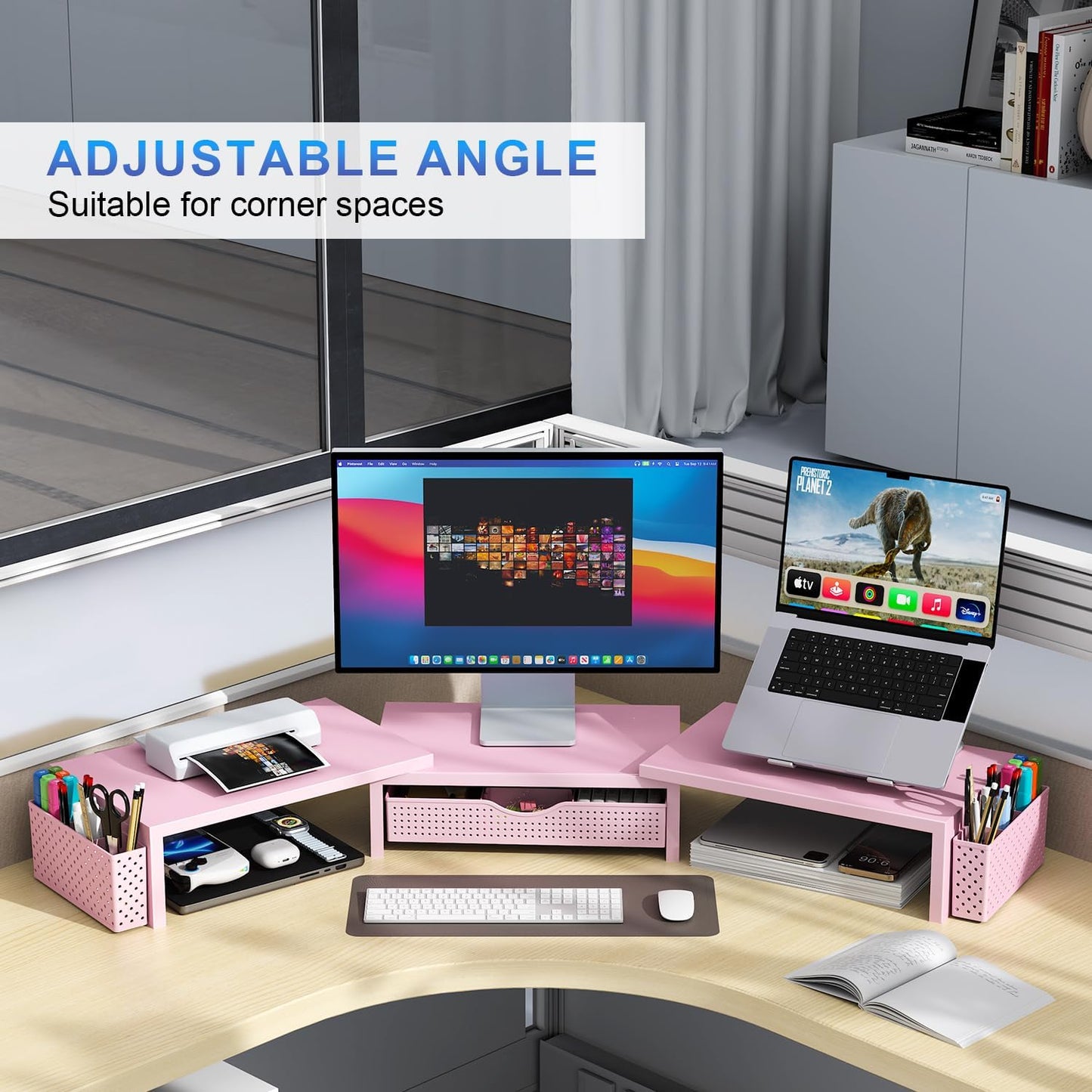 gianotter Dual Monitor Stand Riser, Desk Organizer With Drawer and 2 Pen Holders, Computer Monitor Stand, Shelf for Top of Desk, Black