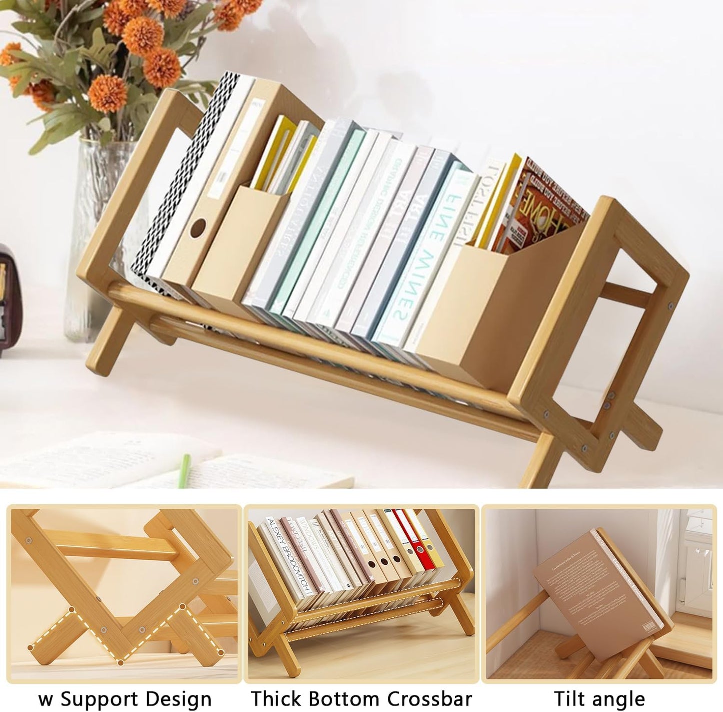 Desktop Bookshelf Bamboo Book Storage Organizer Large Magazine Holder Racks for Home Office Bedroom Tilting Bookcase for Books CDs Files Magazine Display Back to School Gift