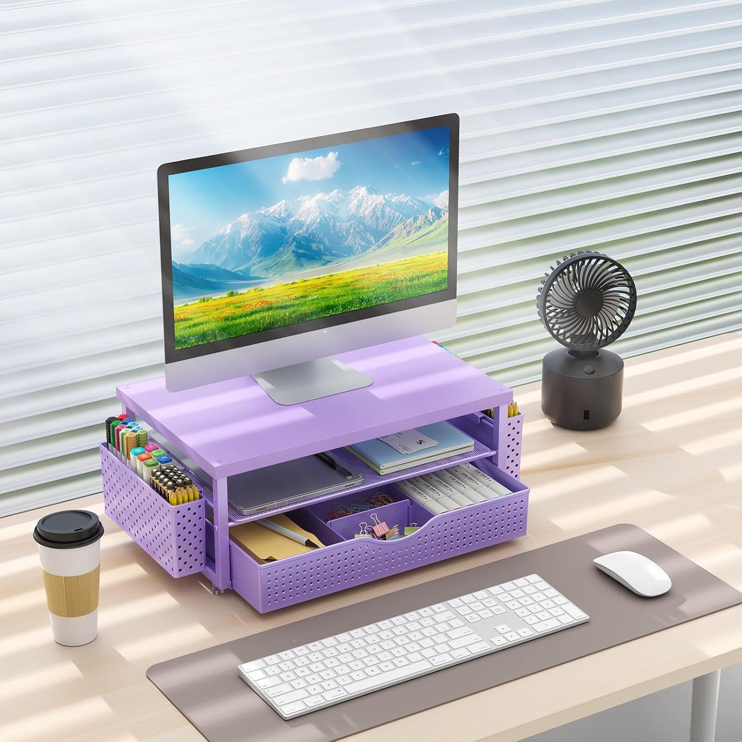 gianotter Wood Monitor Stand Riser, Office Desk Shelf Organizer, Desk Organizer with Drawer and Pen Holder, 2-Tier Computer Stand, Office Organization (Ink)