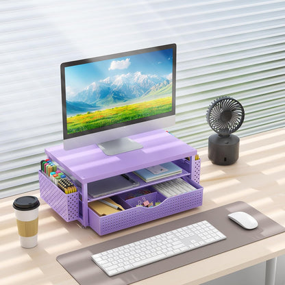 gianotter Wood Monitor Stand Riser, Office Desk Shelf Organizer, Desk Organizer with Drawer and Pen Holder, 2-Tier Computer Stand, Office Organization (Ink)