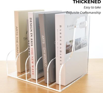 Acrylic Magazine File Holder, 4 Vertical Compartments Desk Document Sorter Organizer, Clear Folder Rack Binder for Office/Home/Classroom, for Documents, Tablet, Magazines, Books & Accessories