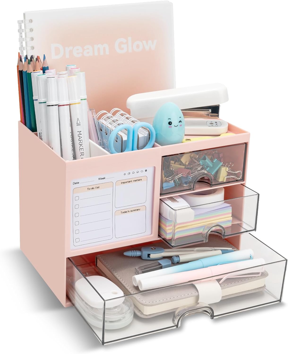 QIYVLOS Desk Organizer with 3 Drawer, Multi-Functional Pencil Pen Holder for Desk, Desk Organizers and Storage with 8 Compartments, Desktop Organizer for Office Home Art Supplies (White)