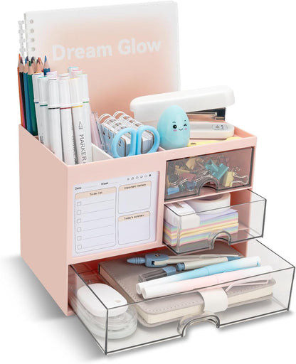 QIYVLOS Desk Organizer with 3 Drawer, Multi-Functional Pencil Pen Holder for Desk, Desk Organizers and Storage with 8 Compartments, Desktop Organizer for Office Home Art Supplies (White)