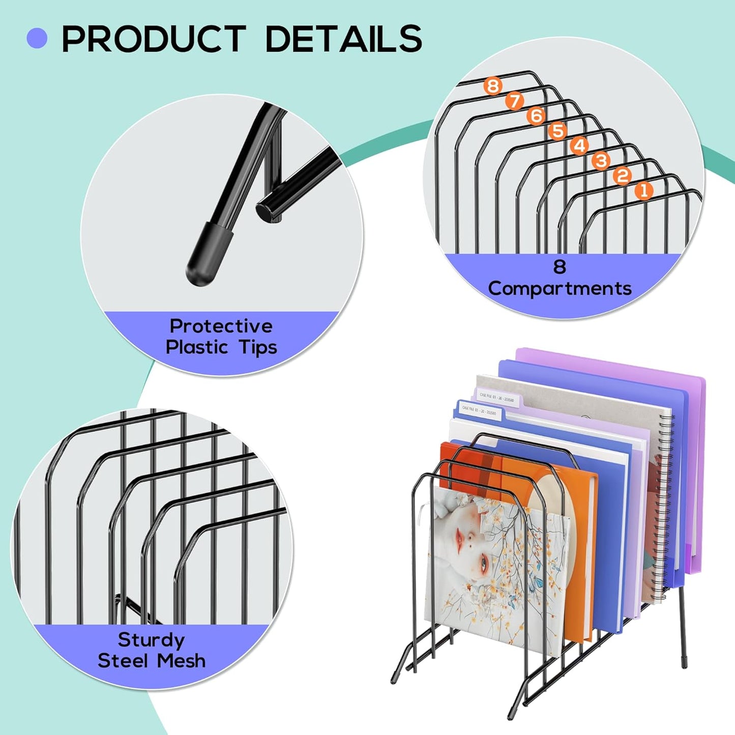 Gawerk Incline Metal Desk Magazine Folder Holder, Sorter Desk File Organizer with 8-Section Vertical Compartments Rack File Organizer for Office, Home, School