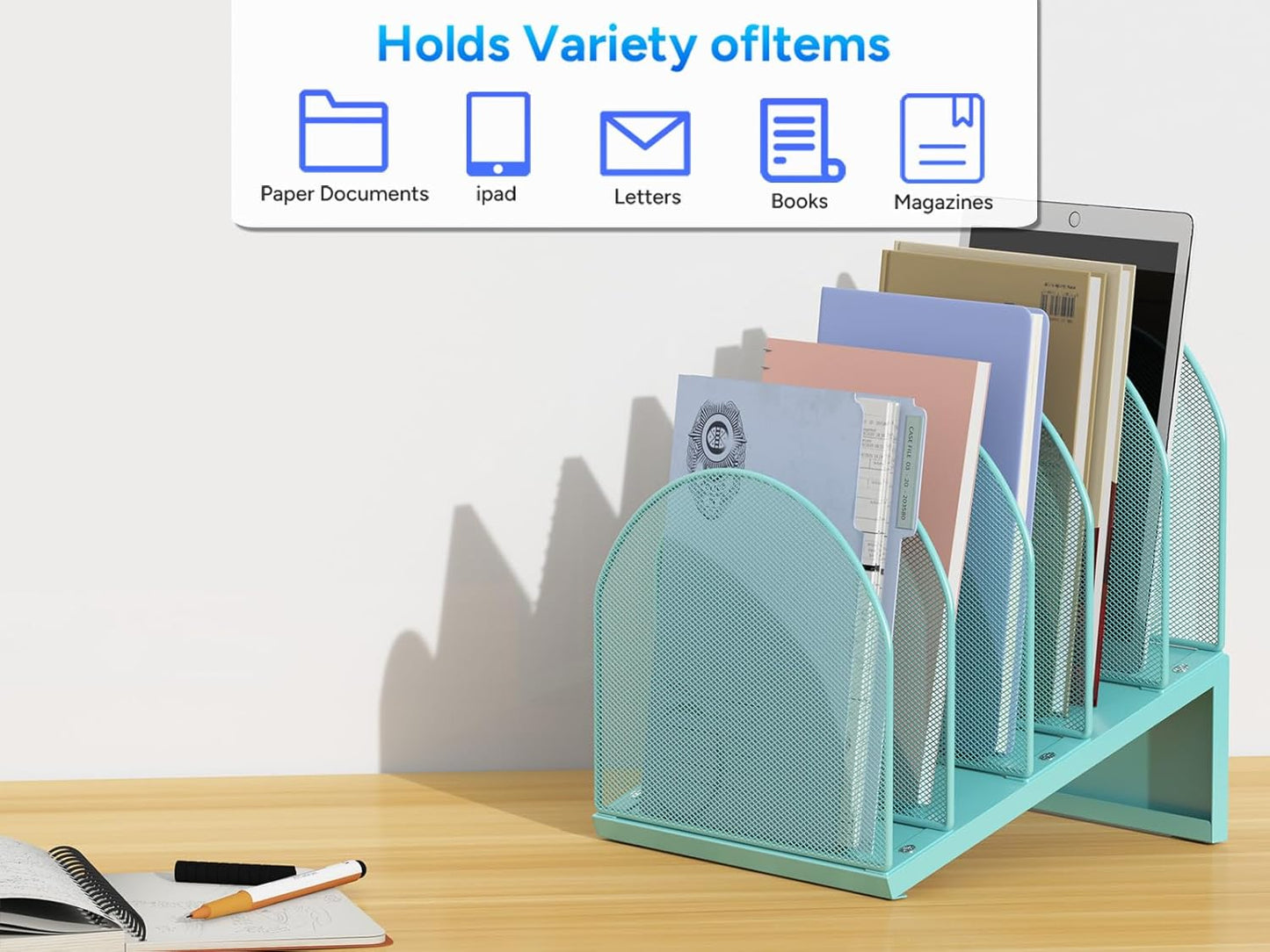 gianotter Desktop File Organizer, Desk Organizer with 5 Compartments, Paper Organizer for Desk, Workspace Organizers for Office Supplies (Black, Upright Style)