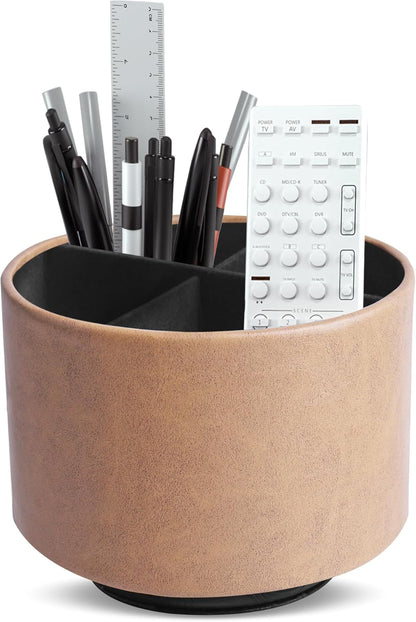 Hennaja Round Leather Art Supply Organizer,Remote Control Holder,360 Degree Rotating,Multi-Functional Pencil Holder,4 Compartments Desktop Stationary Organizer(1-Blue Bird) - Colors B