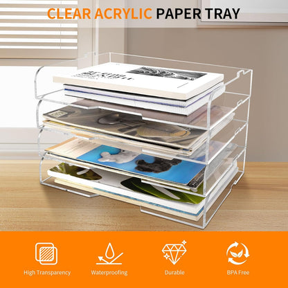 2 Pack- Stackable Paper Letter Tray,Clear Acrylic Magazine Holder and File Organizer - Sleek Desk Organizer for Home Office, Bookshelf, or Workspace - Space-Saving Transparent Document Holder