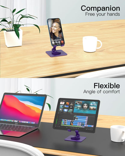 Cell Phone & Tablet Stand for Desk, Aluminum Adjustable Holder for iPhone, iPad & Smartphones || Foldable Mount with 360° Swivel, Stable Base & Portable Design for 4–9.7in Devices, Purple