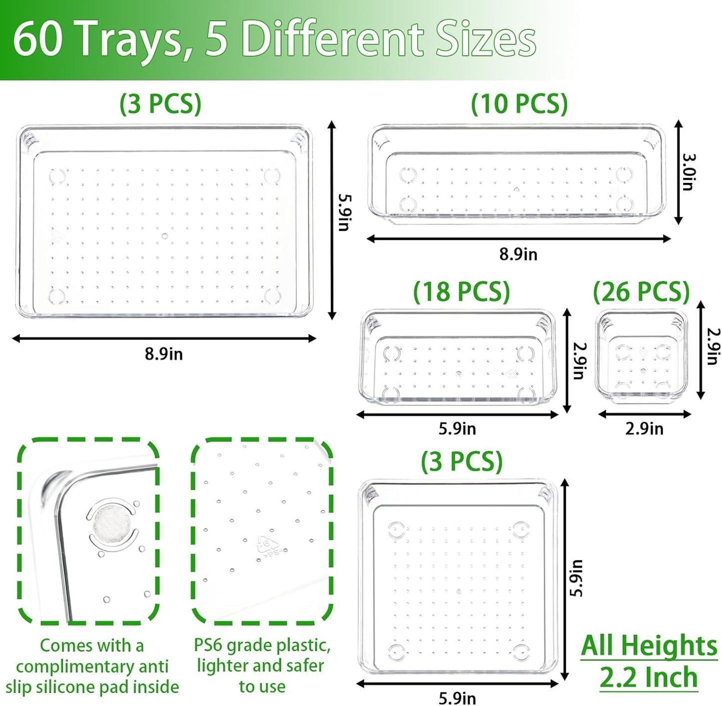 Yieach 60 Pc Clear Plastic Drawer Organizer Set,5 Sizes In Drawer Trays for Bathroom,Office,Kitchen Cabinet and Vanity Organizers,Desk Organizer Bins for Jewelry,Cosmetic,Utensil,Junk