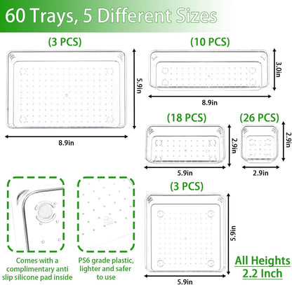 Yieach 60 Pc Clear Plastic Drawer Organizer Set,5 Sizes In Drawer Trays for Bathroom,Office,Kitchen Cabinet and Vanity Organizers,Desk Organizer Bins for Jewelry,Cosmetic,Utensil,Junk
